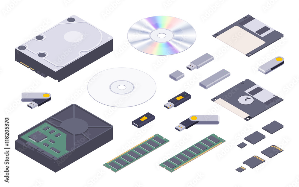 Isometric flat digital memory storages set. The objects are isolated ...