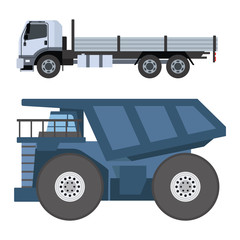 Wall Mural - Trucks icons vector shipping cars vehicles cargo transportation by road. Delivery vehicle car shipping trucks and rail car with forklifts. Flat style icons trailer lorry traffic illustration.