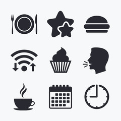 Poster - Food icons. Muffin cupcake symbol. Fork, knife.