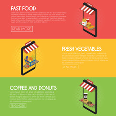 Aufkleber - Set online food ordering banners. Shipping and buying fastfood, drinks, fresh products. Isometric facade of the store concept illustration