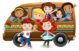 Fototapeta  - Boys and girls riding on van
