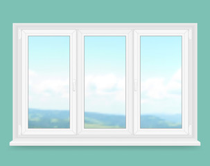  Realistic white plastic window with landscape view. Vector illustration.