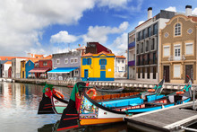 Moliceiro Boats Docked Along Central Canal In Aveiro, Portugal