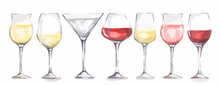 Watercolor Wine Glasses Set. Beautiful Glasses For Decoration Menu In Restaurant Or Cafe. Alcoholic Beverage.