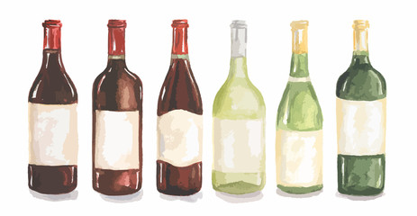 Watercolor wine bottles set. Beautiful bottles for decoration menu in restaurant or cafe. Alcoholic beverage.