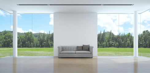 Wall Mural - green garden view living room interior in modern house - 3D rendering