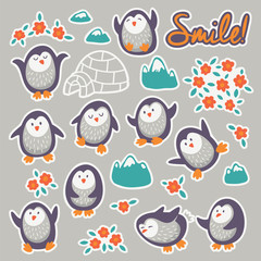 Wall Mural - Collection of stickers with cute cartoon funny penguins