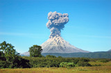 Karimskiy volcano. Volcanic eruption in Kamchatka, ash flow and destroyed