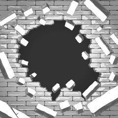 Destroyed brick wall background. Hole in grey brick wall illustration