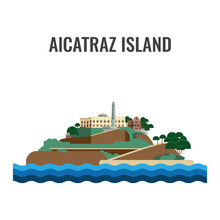 Alcatraz Island View From The Sea. Vector Illustration.