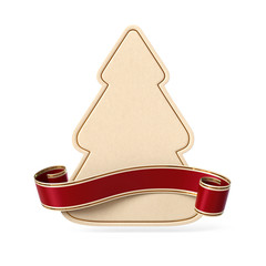 Wall Mural - curled red ribbon banner with christmas tree silhouette card
