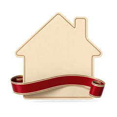 Wall Mural - curled red ribbon banner with house silhouette card