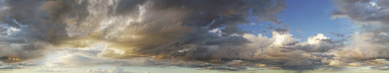 seamless sky wide panorama with sunset and clouds. horizontal cloudscape photography. 360 degrees.
