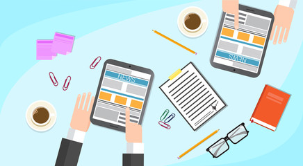 Poster - Business People Read Newspaper, Hands Tablet News Desk Office