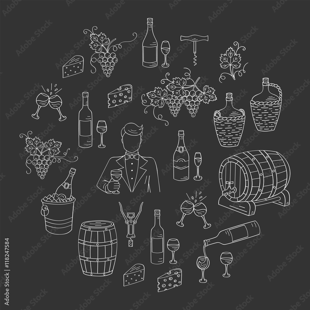 Wine and wine making set vector illustrations hand drawn doodle ...