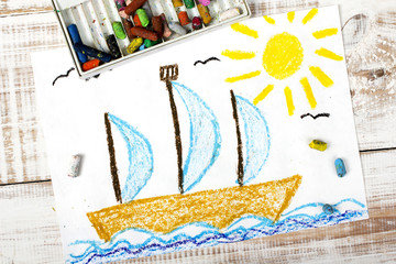 Wall Mural - colorful drawing: sailing boat  in the sea