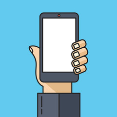 Poster - Hand holding smartphone with white screen. Creative concept technology template. Thin line flat graphic design. Vector illustration
