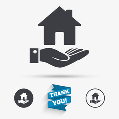 Poster - Home and hand sign. Palm holds house symbol.