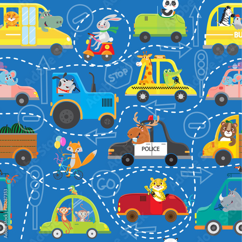 smieszne-zwierzeta-w-transporcie-dzieci-kreskowki-bezszwowy-wzor-ilustracji-wektorowych