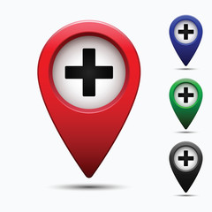 Poster - Colored map pointer with symbol cross medicine and hospital.  For location maps. Mark icon. Sign for gps navigation. Index location on map. Pointer location. Vector isolated ilustration.