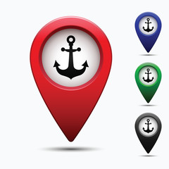 Poster - Colored map pointer with symbol anchor and sea port.  For location maps. Mark icon. Sign for gps navigation. Index location on map. Pointer location. Vector isolated ilustration.