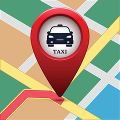 Poster - Colored map pointer with symbol taxi and map.  For location maps. Mark icon. Sign for gps navigation. Index location on map. Pointer location. Vector isolated ilustration.