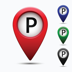 Poster - Colored map pointer with symbol parking.  For location maps. Mark icon. Sign for gps navigation. Index location on map. Pointer location. Vector isolated ilustration.