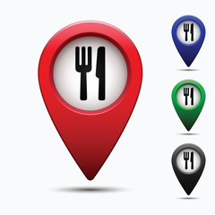 Poster - Colored map pointer with symbol restaurant.  For location maps. Mark icon. Sign for gps navigation. Index location on map. Pointer location. Vector isolated ilustration.