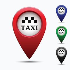 Poster - Colored map pointer with symbol taxi.  For location maps. Mark icon. Sign for gps navigation. Index location on map. Pointer location. Vector isolated ilustration.