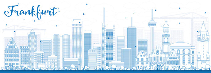 Outline Frankfurt Skyline with Blue Buildings.