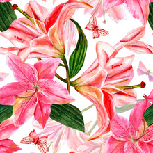 Seamless Pattern With Watercolor Lilies And Butterflies