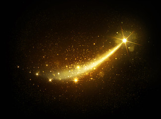 golden magic star, shooting star on black background, comet