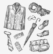 © ~ Bitter ~ - Fashion. Vector collection of men clothing. Hand-drawn sketch umbrella, tie, shoes, glasses, gloves, bag, scarf, jacket