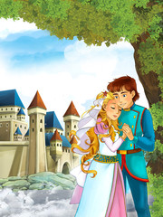 Wall Mural - Cartoon scene with cute princes in the forest near the castle - beautiful manga girl - illustration for children