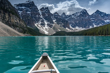 Canoeing Towards The Valley Of Ten Peaks On Moraine Lake, Canadian Rockies, Banff National Park, Alberta, Canada