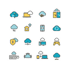 Poster - syncing computer, cloud computing network, big data analysis, internet security line vector icons