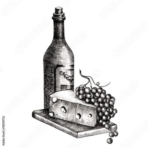 Hand drawn illustration bottle of wine, cheese and grapes in graphic