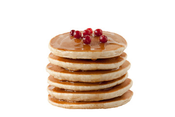 Wall Mural - Pancakes with maple syrup and cranberries isolated on white background. Breakfast, snacks.