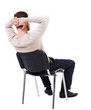© ghoststone - back view of business man sitting on chair.  businessman watching. Rear view people collection.  backside view of person.  Isolated over white background. The bearded man in a white warm sweater sits