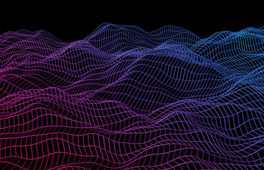 Poster - Abstract 3d rendering of surface with waves on black background. Futuristic background. Design for poster, cover, banner, placard