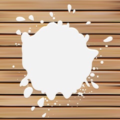 Poster - Isolated white color blotch vector logo. Milk logotype. Paint stain illustration on the wooden background.