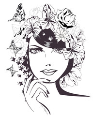 Sketch of young beautiful woman with flowers and butterflies.