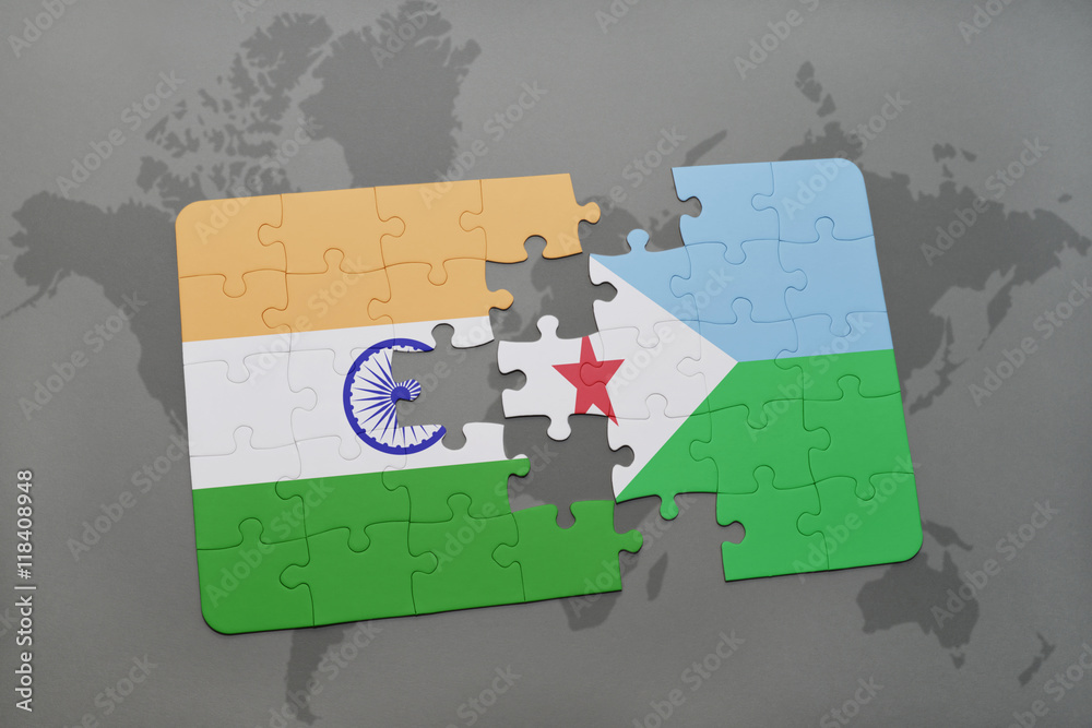 puzzle with the national flag of india and djibouti on a world map ...