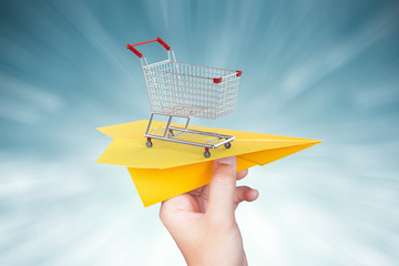 Canvas Print - goods delivery concept with paper plane and shopping cart