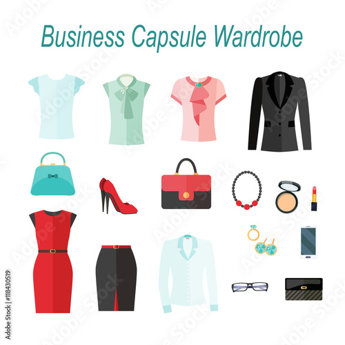 Businesswoman Capsule Wardrobe Clothes Accessories And Cosmetics