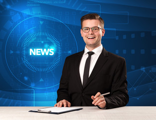 Modern televison presenter telling the news with tehnology backg