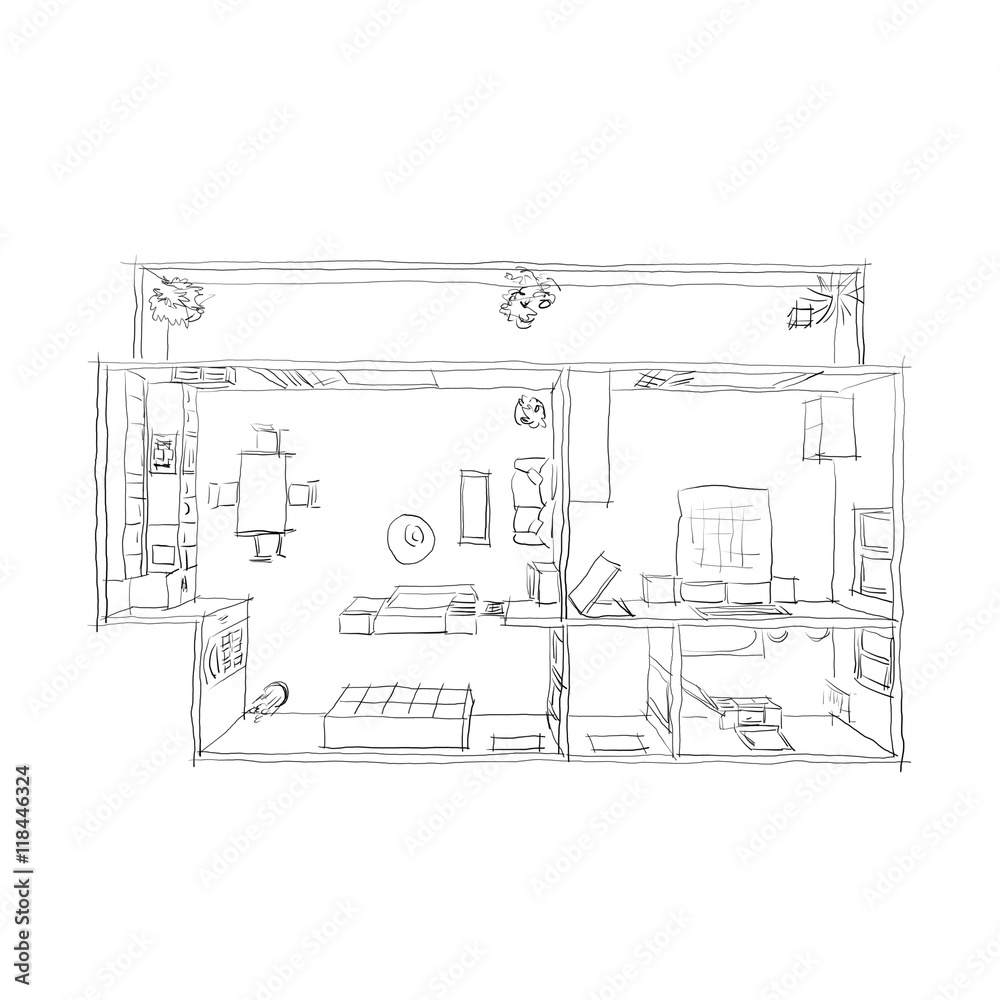 2d interior freehand sketch drawing plan view of furnished home ...
