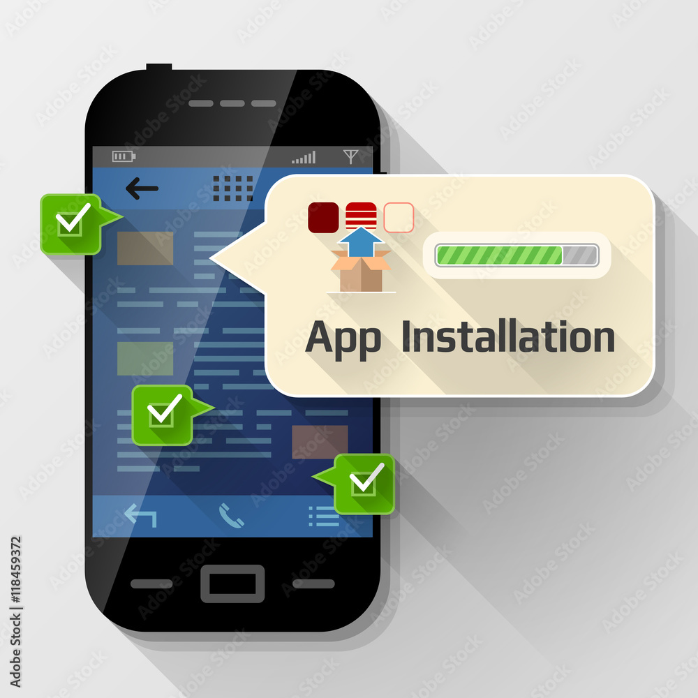 Smartphone with message bubble about app installation. Dialog box pop up over screen of phone. Vector image about smartphone, communication, mobile technology, notification, application prompting, etc
