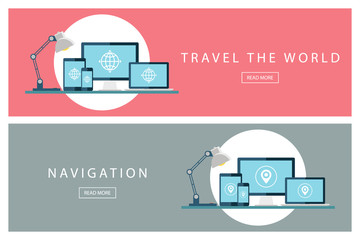 Poster - Set of flat design travel concepts. Travel the world and Navigation. Banners for web design, marketing and promotion. Presentation templates. Vector illustration.