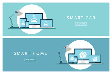 Poster - Set of flat design concepts Smart car and Smart home. Internet of things. Banners for web design, marketing and promotion. Presentation templates. Vector illustration.